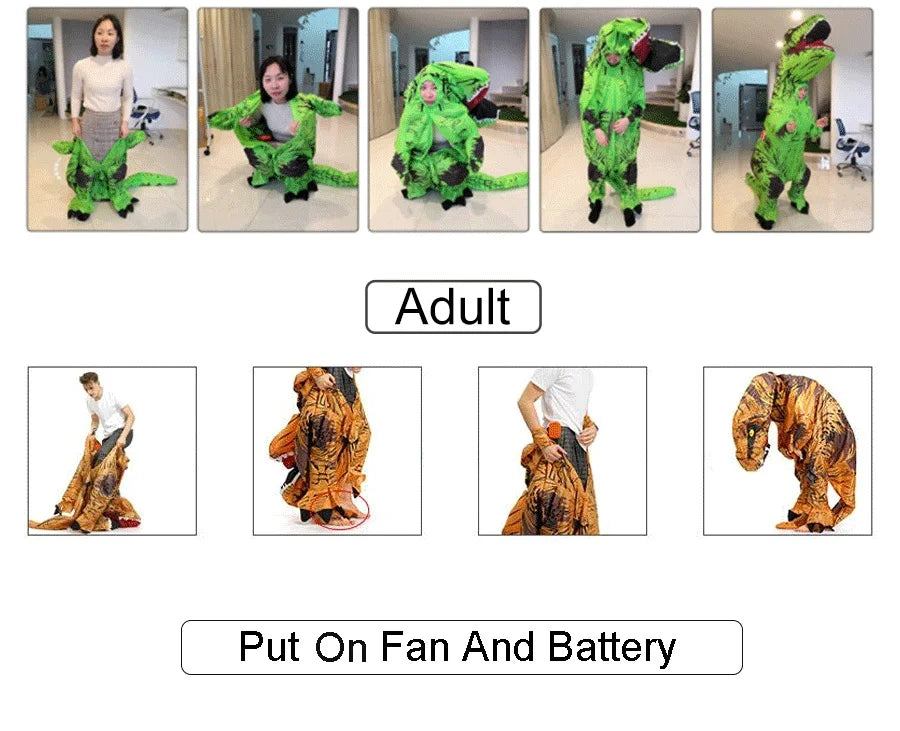 Inflatable dinosaur Halloween costume for adults featuring vibrant green design and easy fan setup