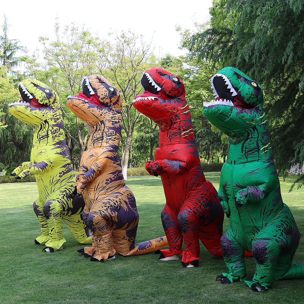 Colorful inflatable dinosaur Halloween costume assortment in various sizes outdoors