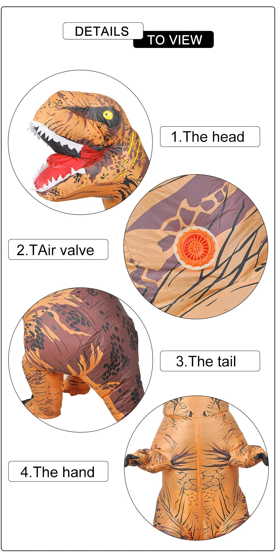 Inflatable dinosaur Halloween costume showcasing detailed features like head, tail, and air valve