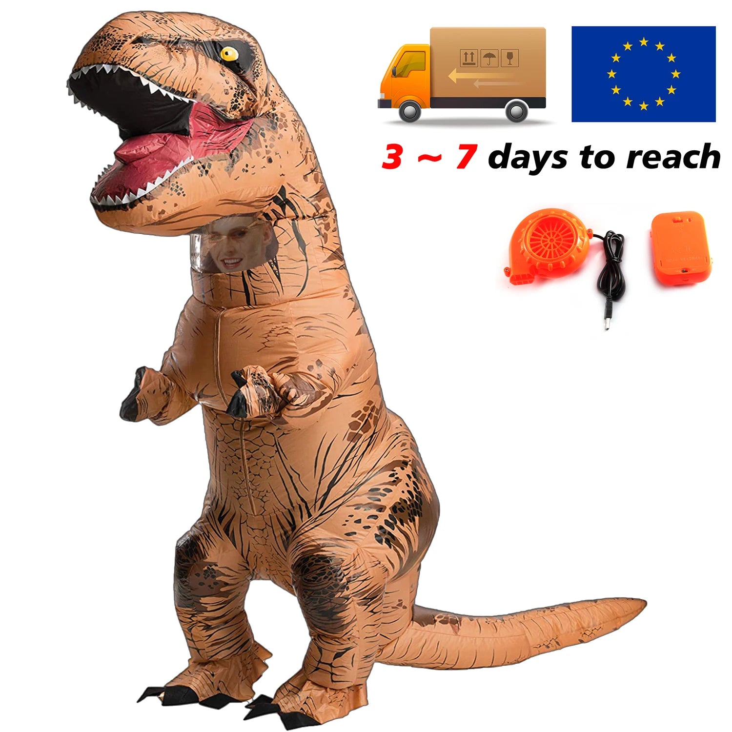 Inflatable dinosaur Halloween costume for kids featuring a fun T-Rex design with clear visibility