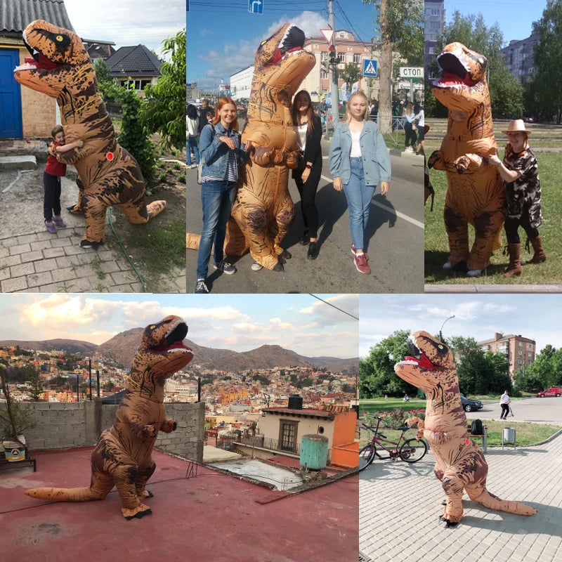 Group of people wearing an inflatable dinosaur Halloween costume in various outdoor settings