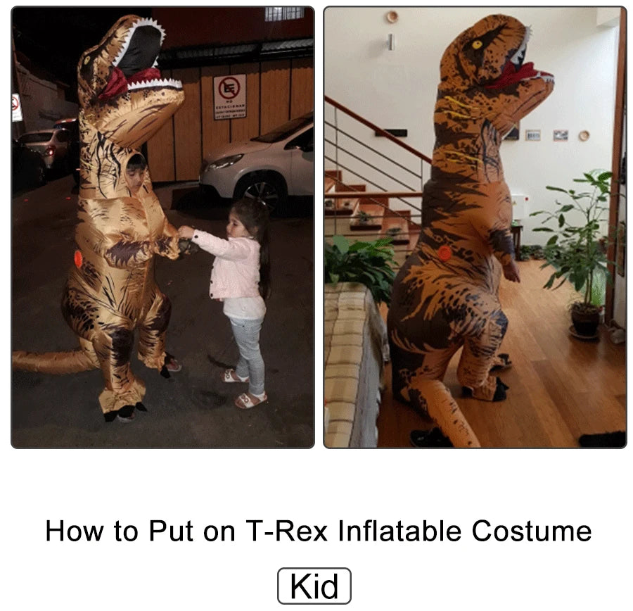 Child wearing an inflatable dinosaur Halloween costume with a T-Rex design for fun Halloween celebrations