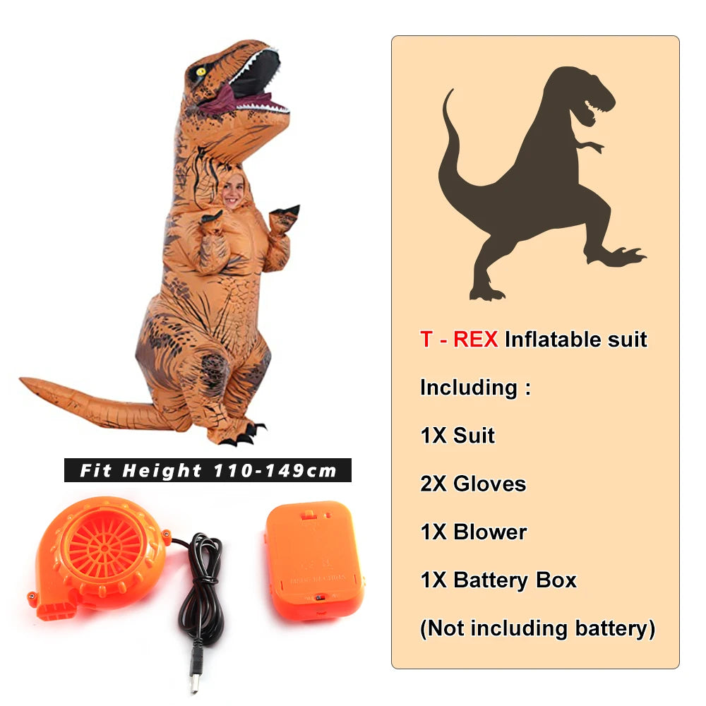 Inflatable dinosaur Halloween costume featuring a T-Rex design with built-in blower for easy wear