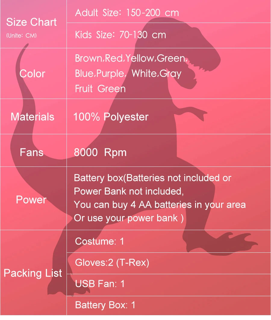 Inflatable dinosaur Halloween costume with 100% polyester material and battery-operated fan for fun dress-up