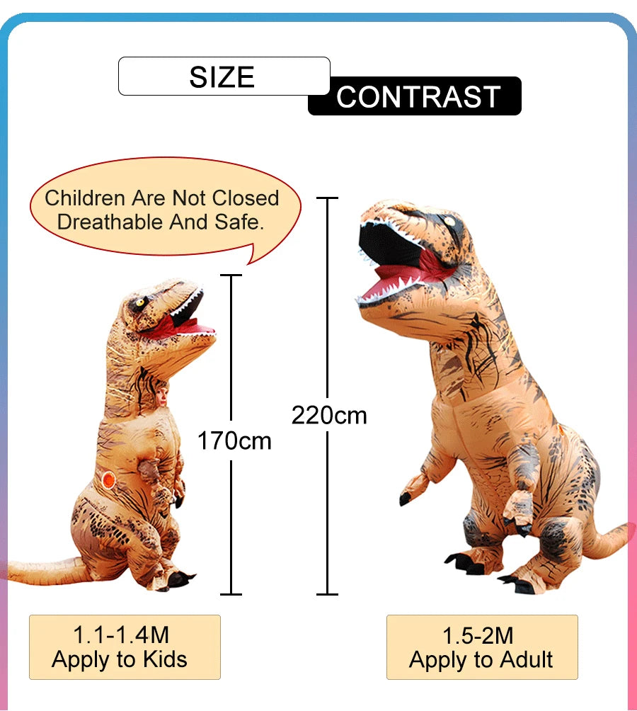 Inflatable dinosaur Halloween costume suitable for kids and adults with size comparison chart