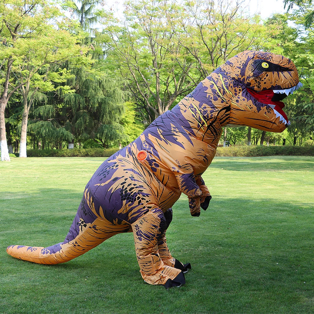 Inflatable dinosaur Halloween costume in brown and orange design perfect for parties and events