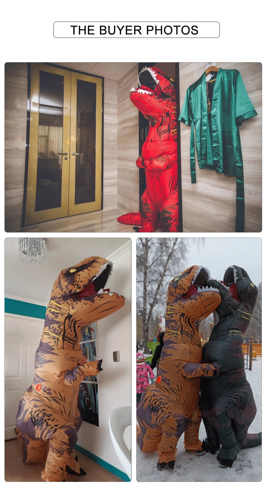 Buyers wearing inflatable dinosaur Halloween costume in various settings, showcasing fun and vibrant designs