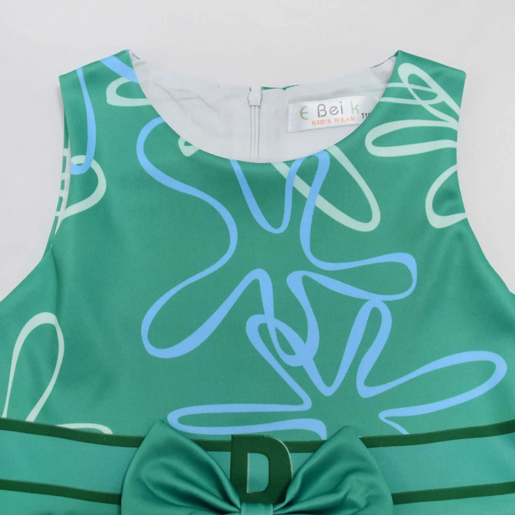 Inside Out Joy Halloween costume dress with vibrant green design and bow detail for kids