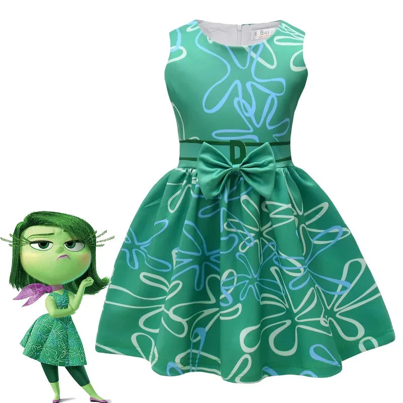 Inside Out Joy Halloween costume dress in green with playful design and bow, perfect for themed parties