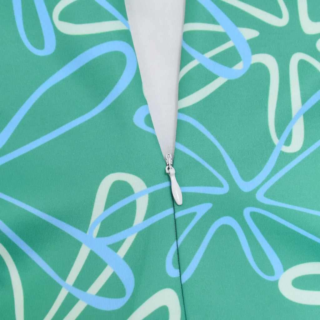 Close-up of the zipper detail on an Inside Out Joy Halloween costume designed for festive celebrations
