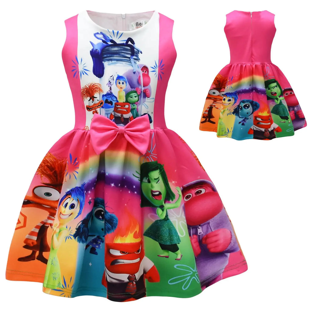 Inside Out Joy Halloween costume dress featuring colorful characters from the movie with a cute bow detail
