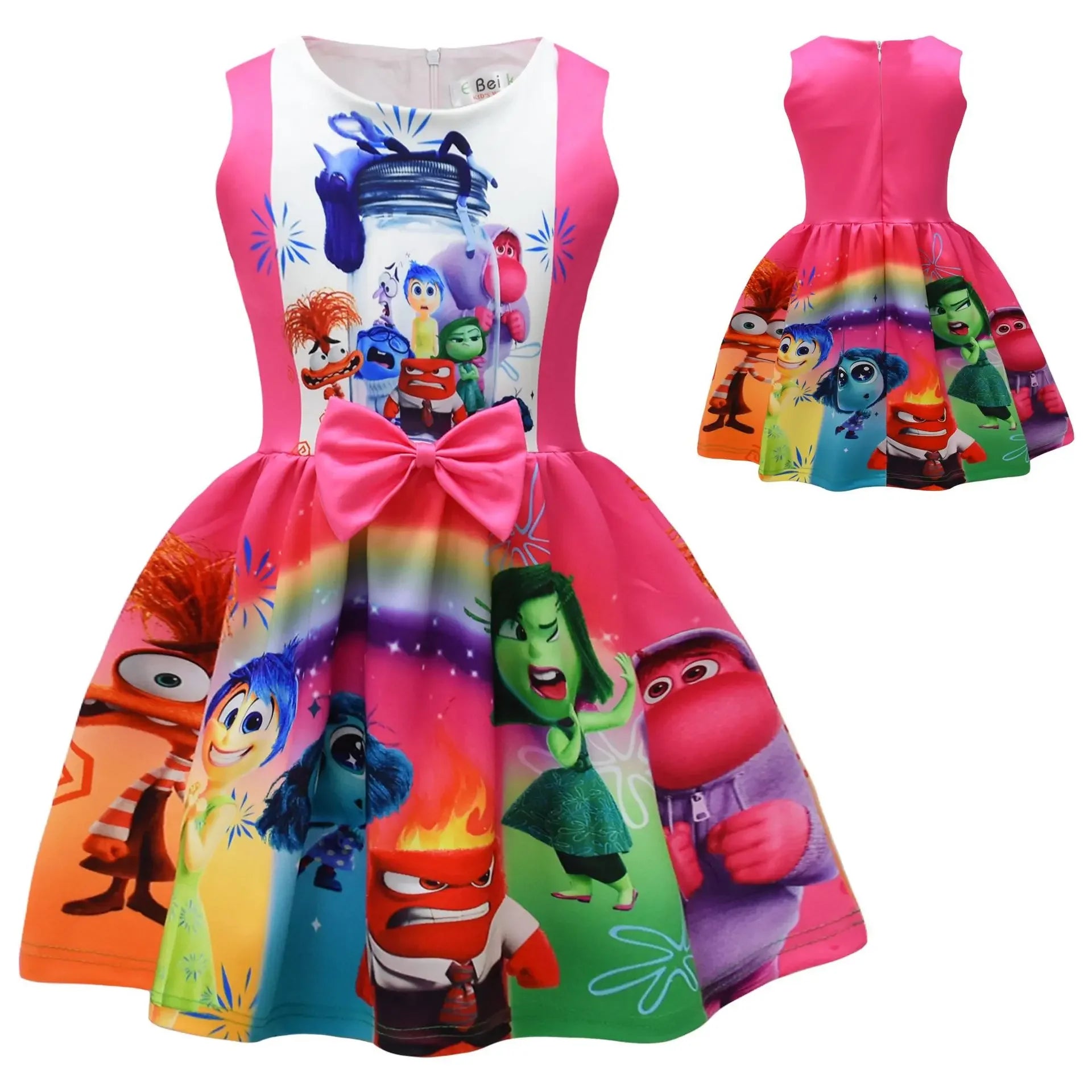 Inside Out Joy Halloween costume dress featuring colorful characters from the movie with a cute bow detail