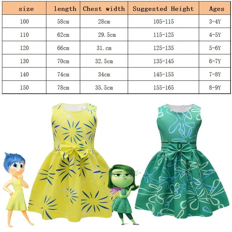 Inside Out Joy Halloween costume dress for kids in bright yellow with bow design, perfect for ages 3-9