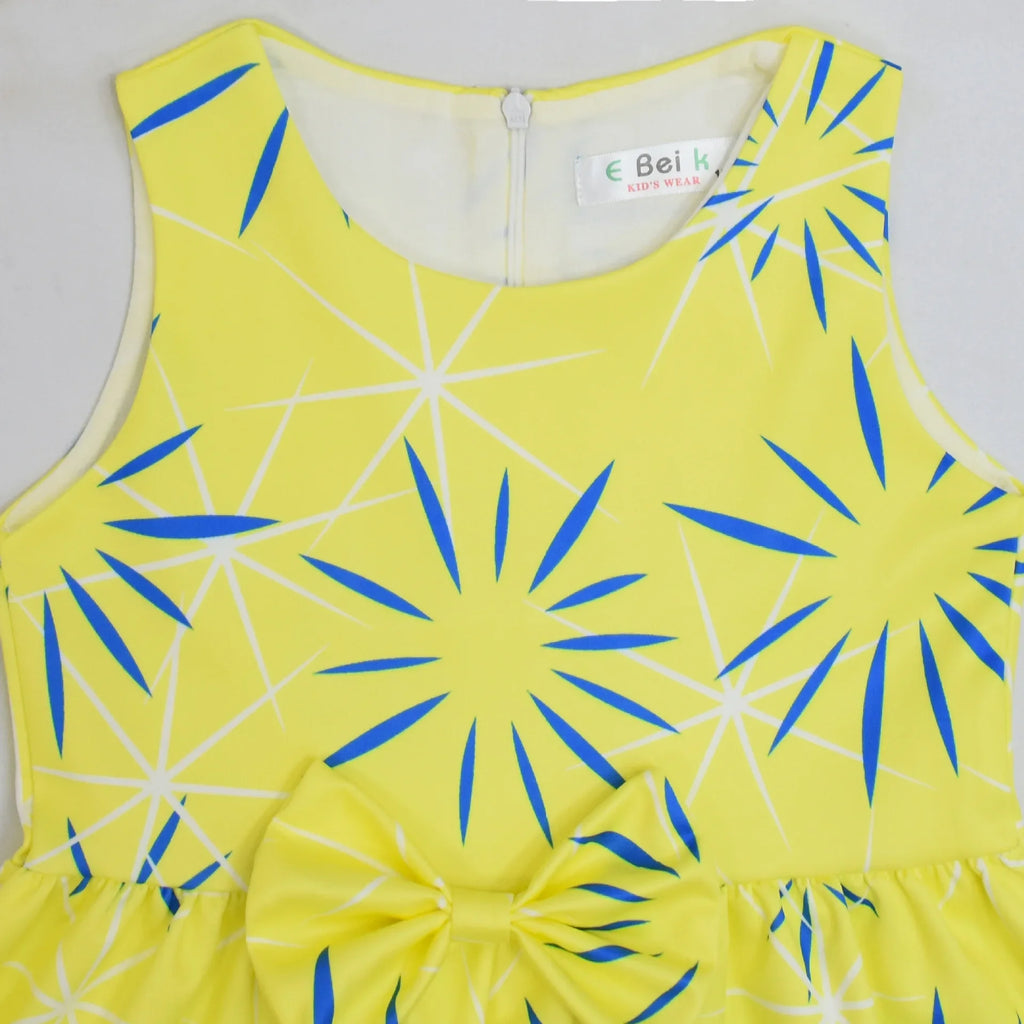 Inside Out Joy Halloween costume dress in bright yellow with blue starburst pattern and bow detail