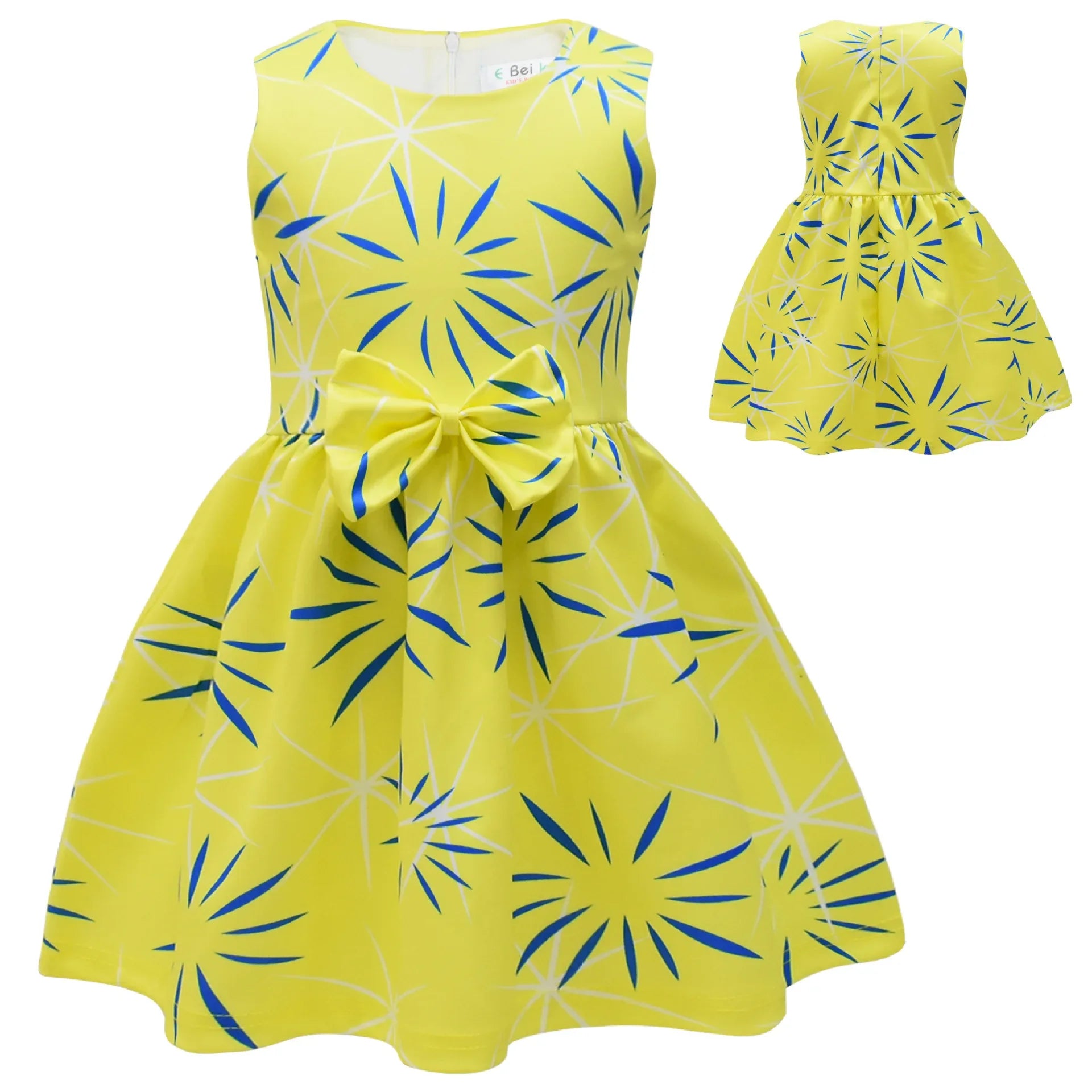 Bright yellow Inside Out Joy Halloween costume dress with blue starburst patterns for kids