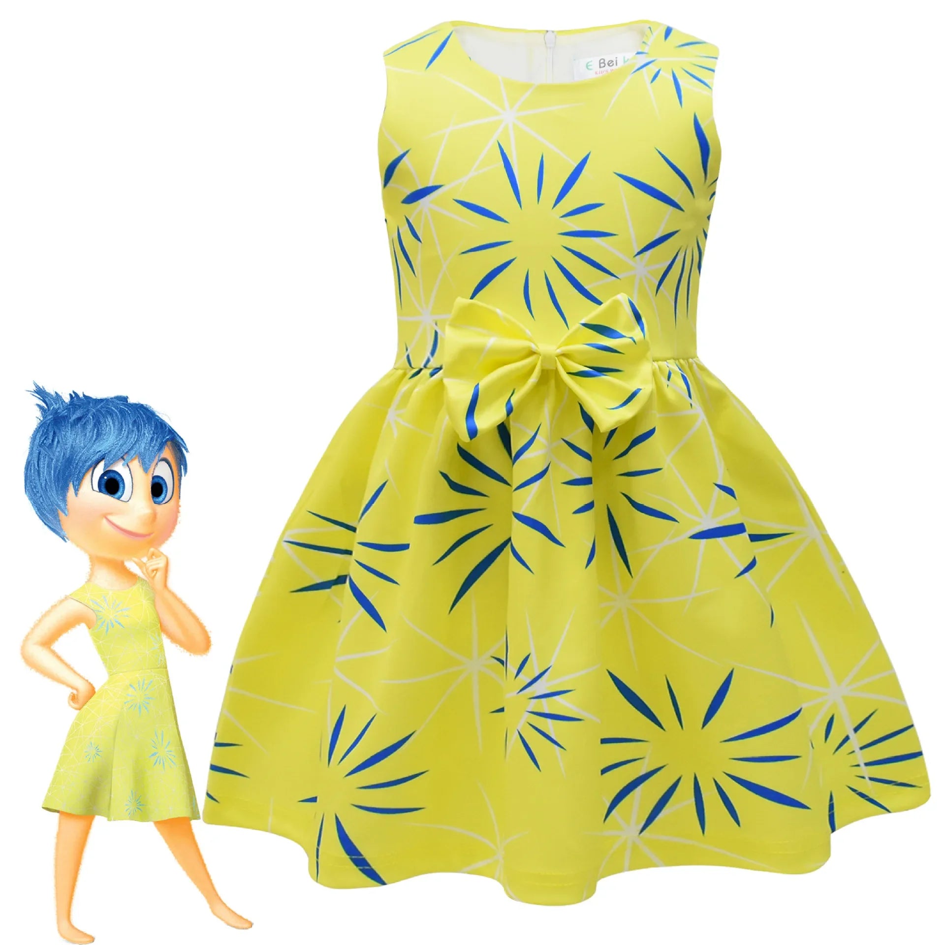 Inside Out Joy halloween costume dress in yellow with blue patterns, perfect for kids' festive celebrations