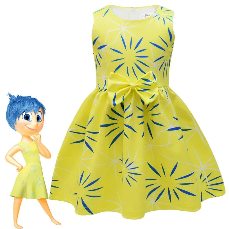 Inside Out Joy Halloween costume dress in yellow with a bow, inspired by the character from the movie.