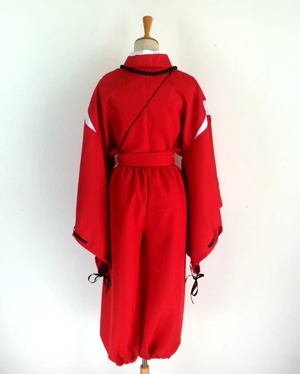 Inuyasha cosplay costume featuring a vibrant red outfit with traditional kimono sleeves