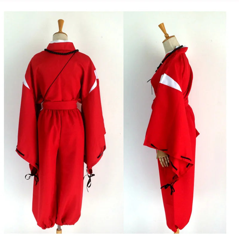 Inuyasha cosplay costume featuring a red traditional outfit with wide sleeves and tie details