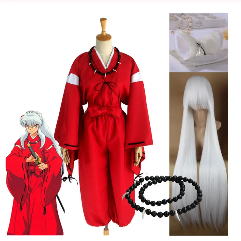 Inuyasha cosplay costume featuring a red kimono, white wig, and accessories for anime fans