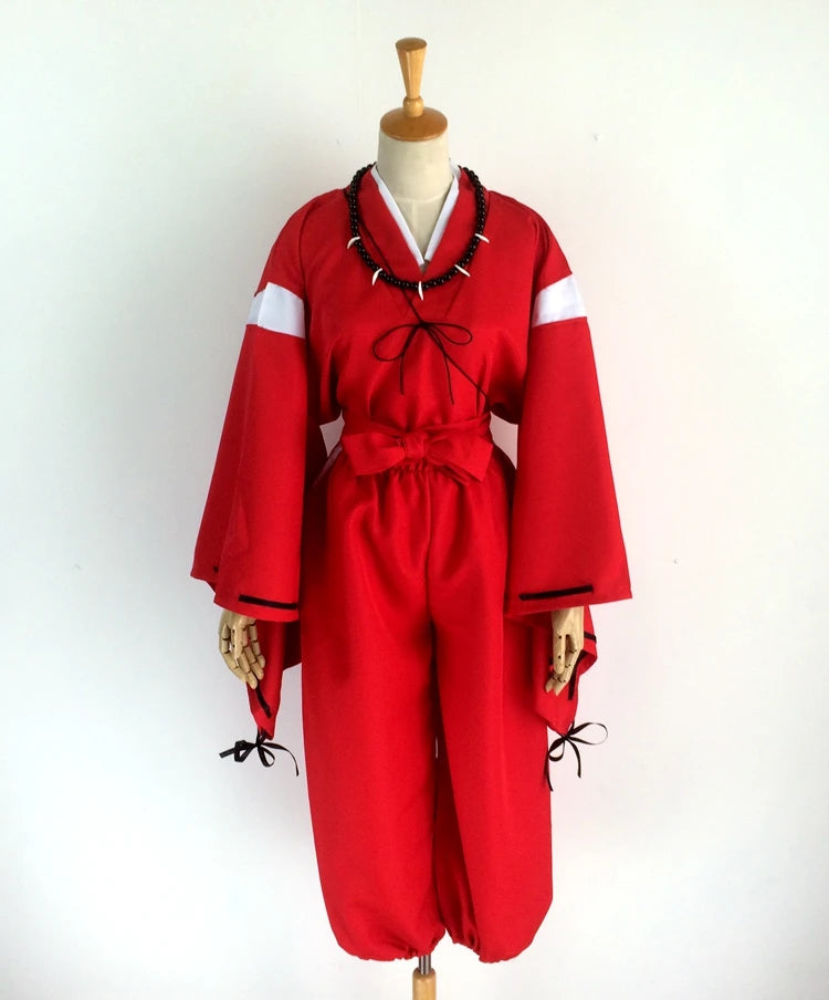 Inuyasha cosplay costume featuring a vibrant red outfit with long sleeves and adjustable ties