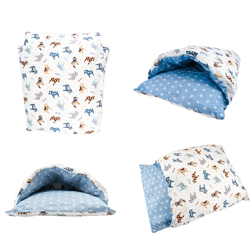 Cozy Japanese cat sleeping bag with cute animal patterns and soft blue interior for pet comfort