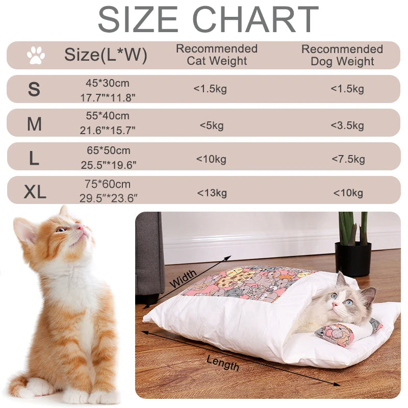 Japanese cat sleeping bag with size chart for different cat and dog weights in a cozy setting