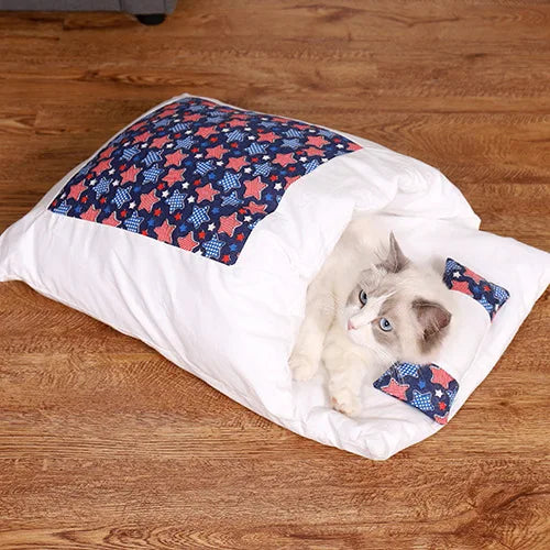 Cozy Japanese cat sleeping bag with star-patterned design, perfect for snuggling cats