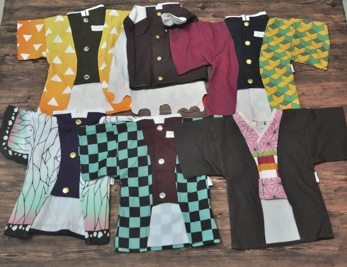 Collection of colorful Japanese dog kimono costumes for stylish pets with various patterns