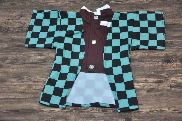 Japanese dog kimono costume with a teal and black checkerboard pattern for stylish pet dressing
