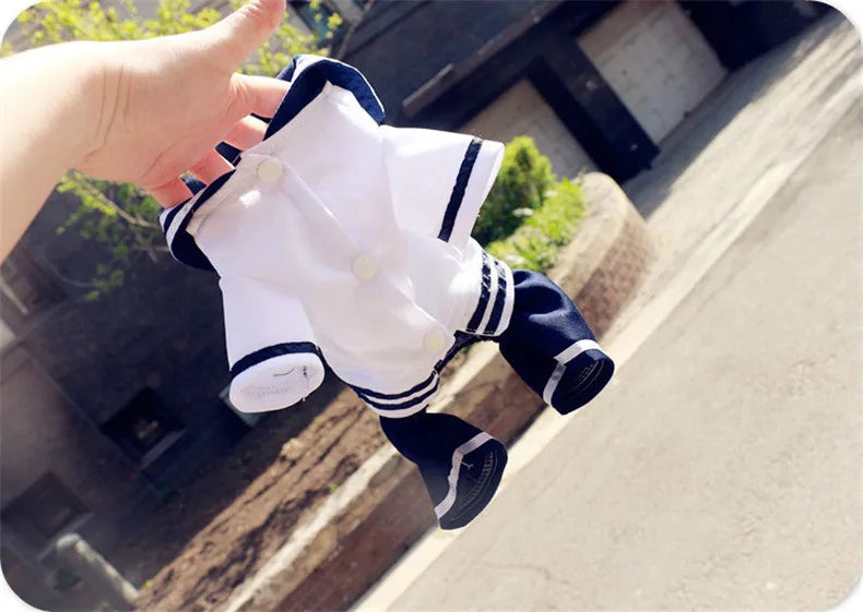 Japanese pet school uniform for cats in white and navy with buttons and collar design