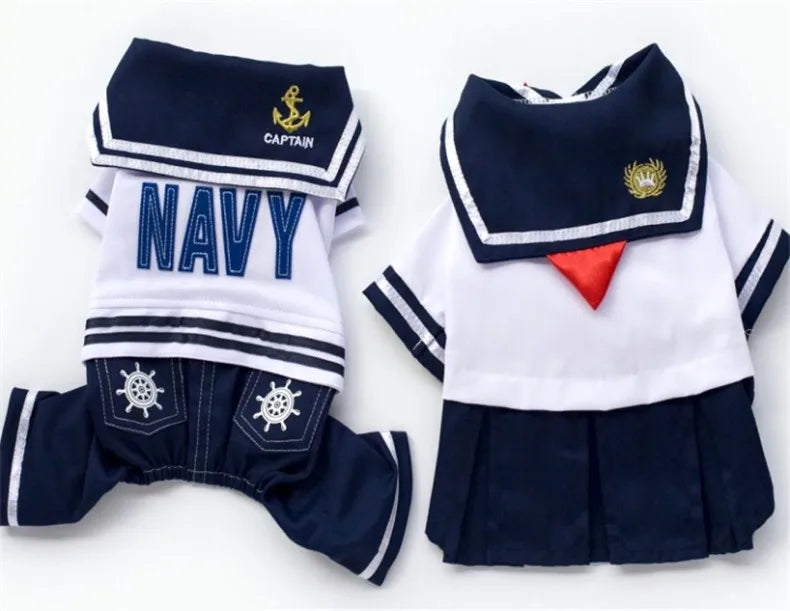 Navy Japanese pet school uniform for cats with captain design and skirt featuring nautical theme