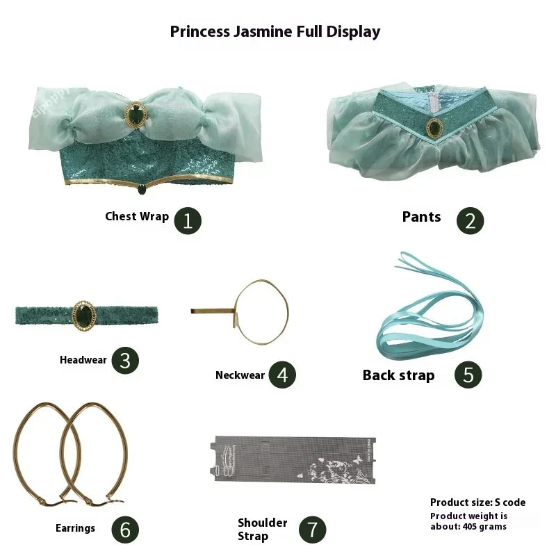 Jasmine princess cosplay costume components including chest wrap, pants, headwear, and accessories