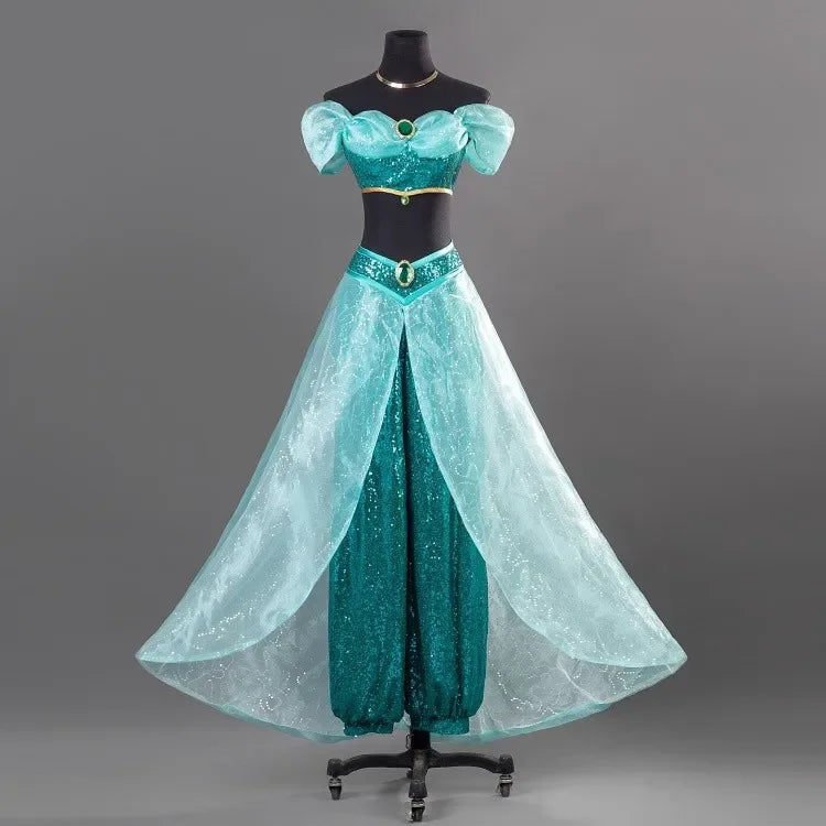 Jasmine princess cosplay costume featuring a turquoise top and flowing skirt for enchanting dress-up fun