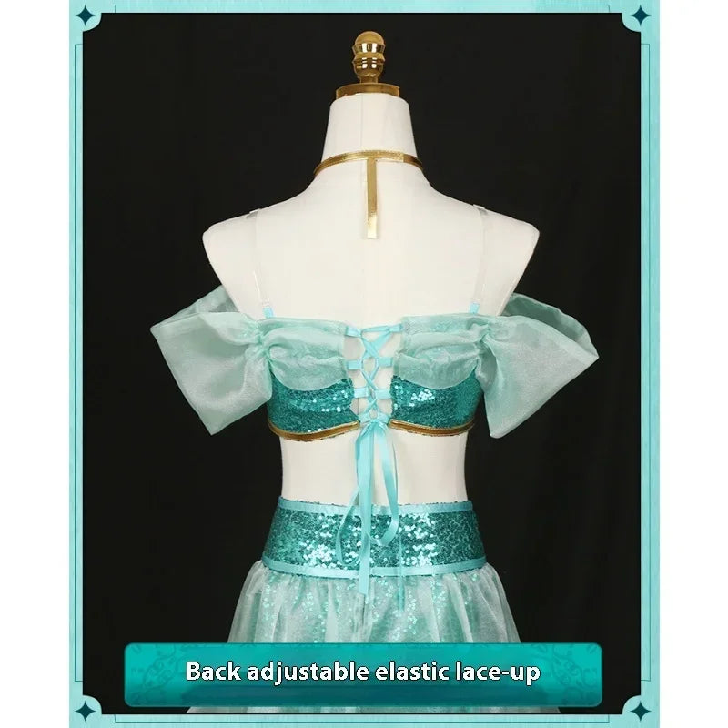 Back view of Jasmine princess cosplay costume featuring adjustable lace-up design and sheer sleeves