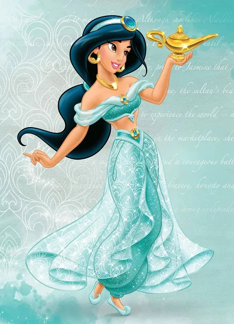 Jasmine princess cosplay costume featuring a turquoise outfit with sparkles and matching accessories