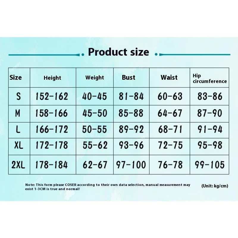 Size chart for Jasmine princess cosplay costume with measurements for S to 2XL