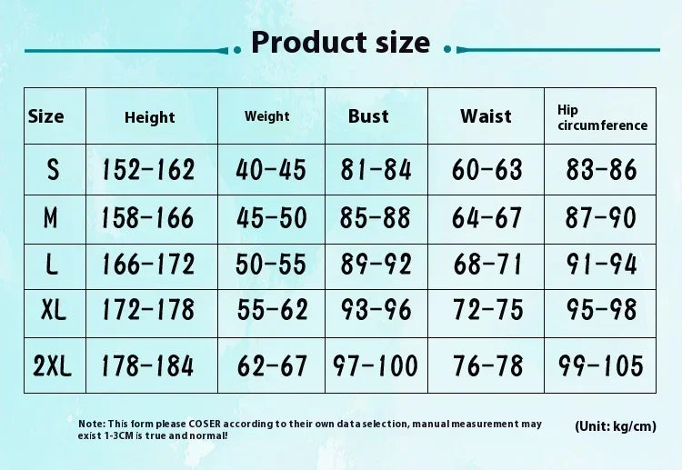 Product size chart for Jasmine princess cosplay costume with measurements for all available sizes