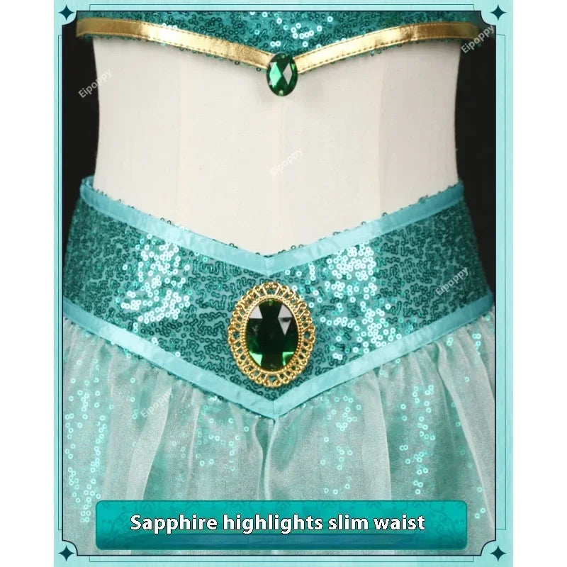 Jasmine princess cosplay costume with sapphire highlights and a slim waist design for a festive look
