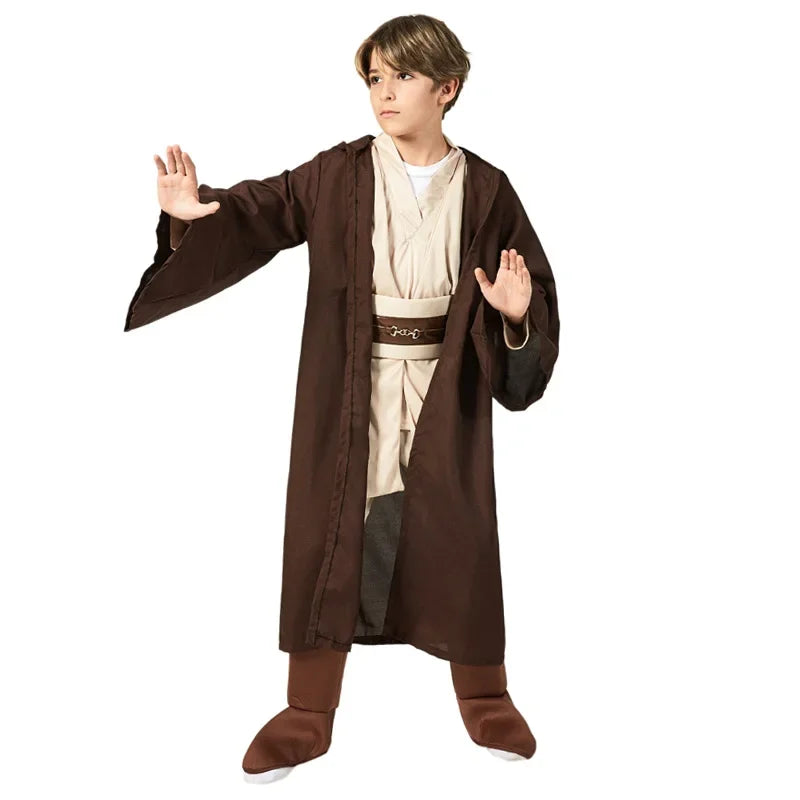 Kids Jedi Halloween costume featuring a brown robe and tunic for an authentic look