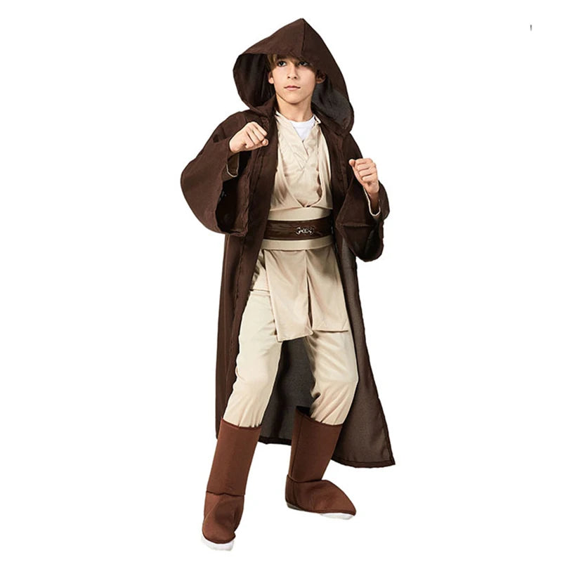 Jedi Halloween costume for kids featuring a brown robe and beige tunic for an authentic look