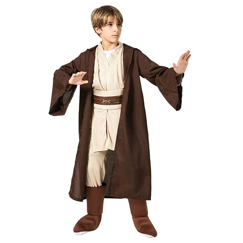 Jedi Halloween costume for kids featuring a brown robe and light-colored tunic with matching pants