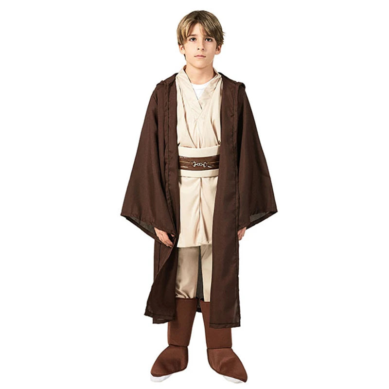 Kids Jedi Halloween costume for kids featuring a brown robe and cream tunic with belt and boots