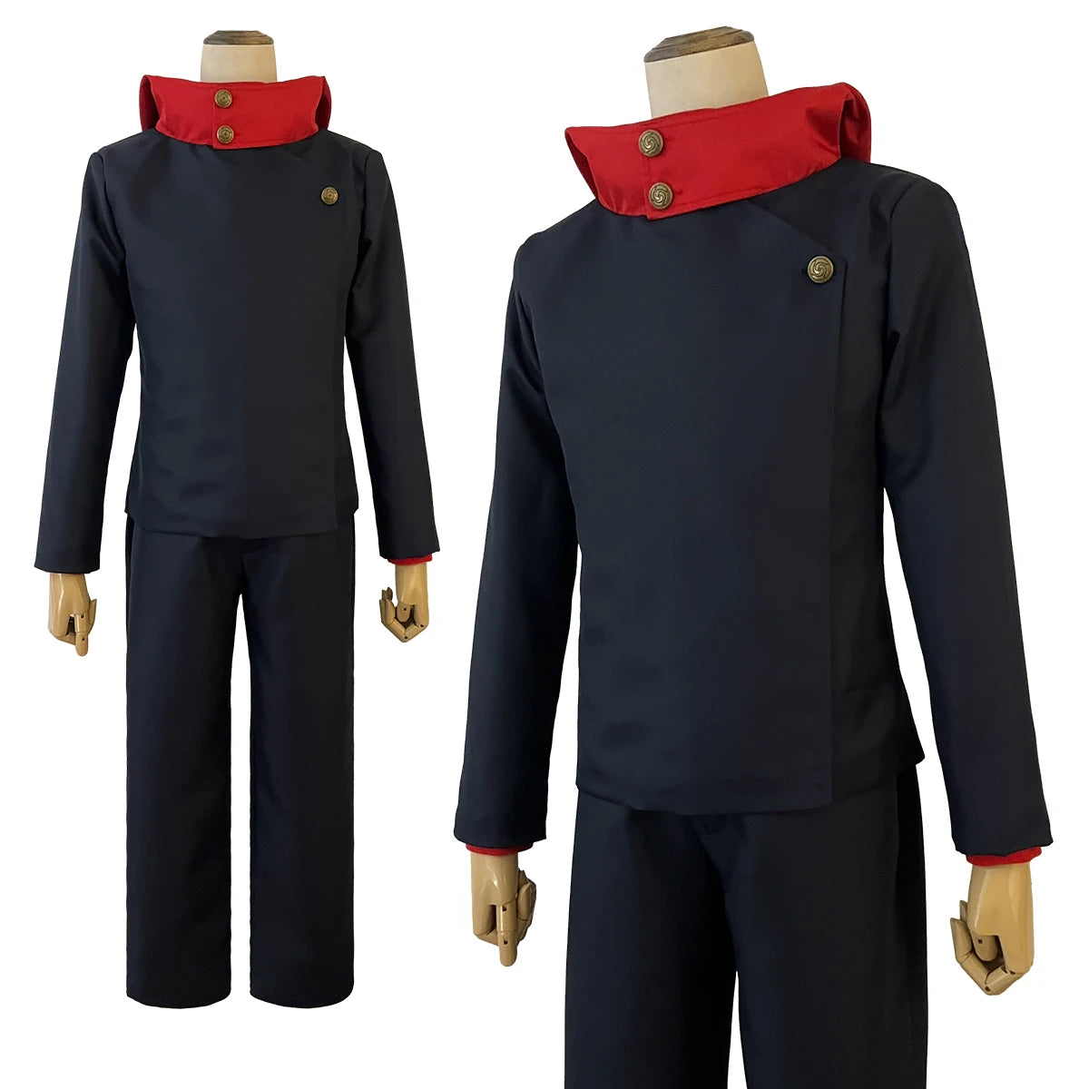 JJK Itadori Yuji Halloween outfit featuring a black and red costume with a high collar and button detail