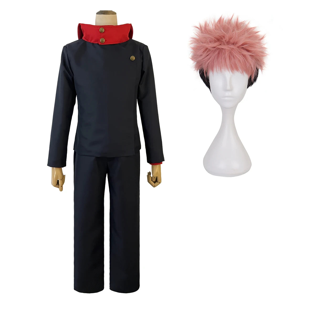 JJK Itadori Yuji Halloween outfit featuring a black uniform and pink spiky wig for cosplay