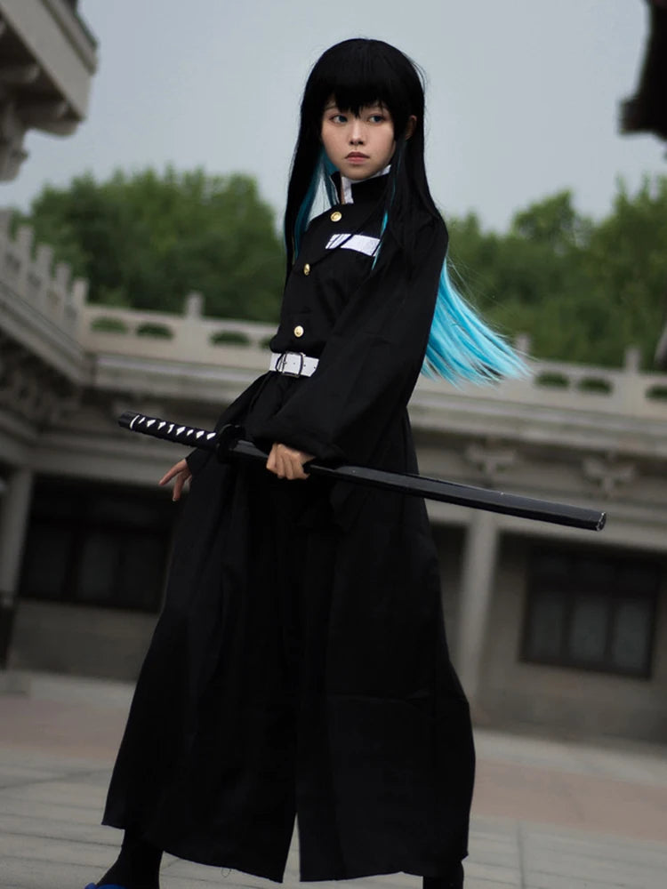 Muichiro Tokito cosplay costume featuring a black outfit and katana for anime fans