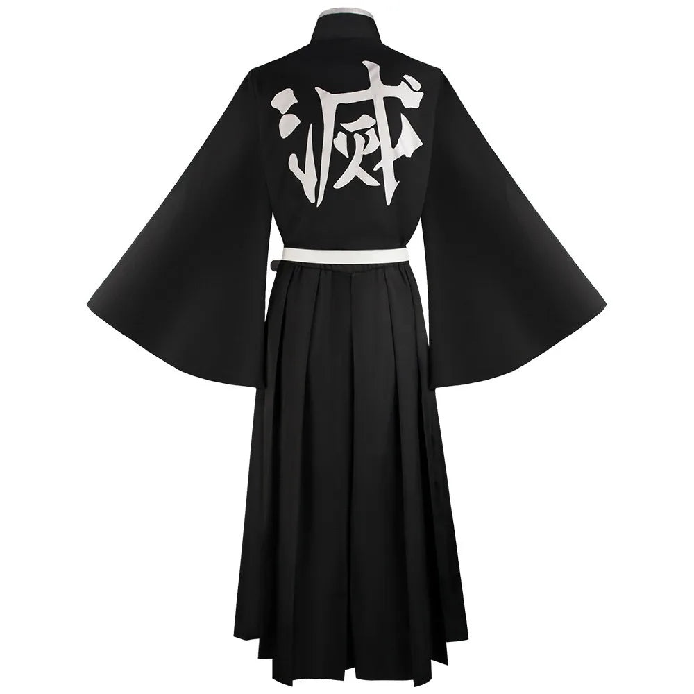 Muichiro Tokito cosplay costume featuring traditional black design and signature emblem on the back