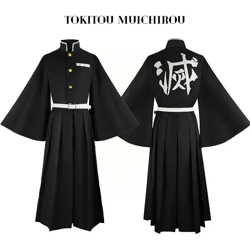 Muichiro Tokito cosplay costume featuring a black outfit with bell sleeves and detailed back design