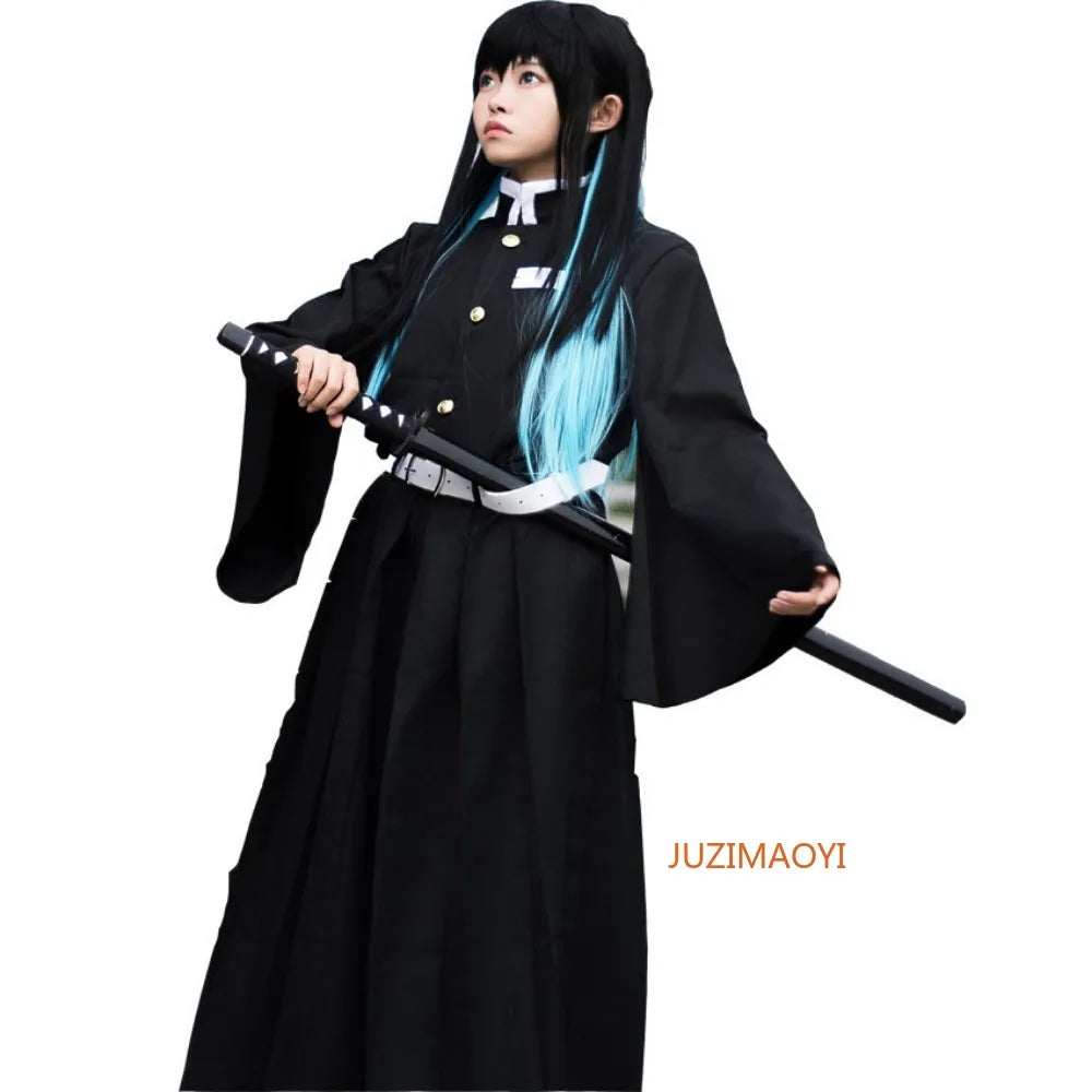 Muichiro Tokito cosplay costume featuring a flowing black robe and sword for anime fans