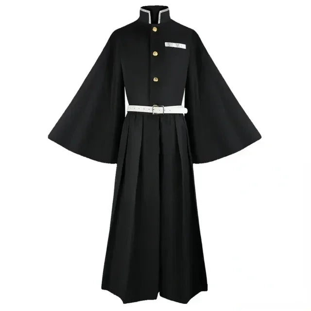 Muichiro Tokito cosplay costume featuring a long black robe with wide sleeves and a white belt
